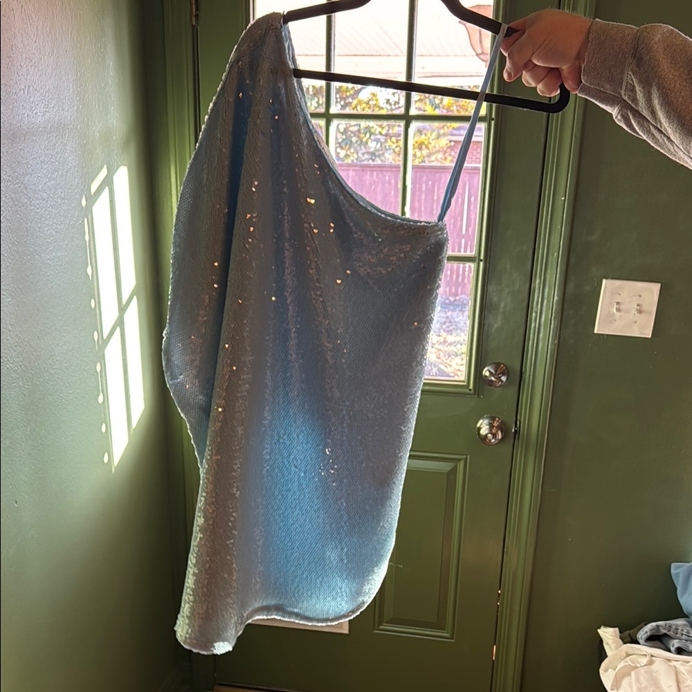 THE FRANKIE SHOP Gloria Sky Blue Sequin One-Shoulder Dress